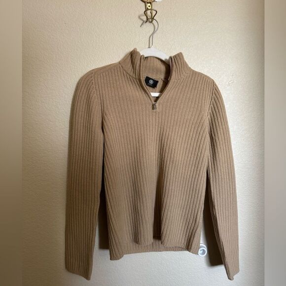 Bogner Wide Rib Knit Wool Zip Sweater Size Small in Tan - Picture 1 of 8